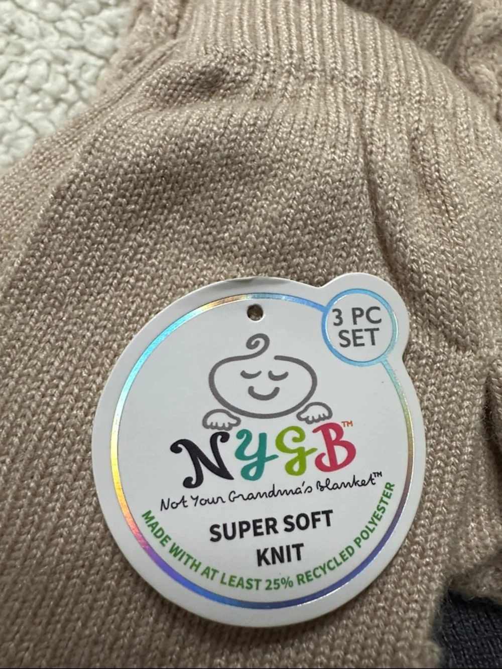 NYGB  Two hats and mittens, 3 piece set Tan and Gray, 12-24m. NWT